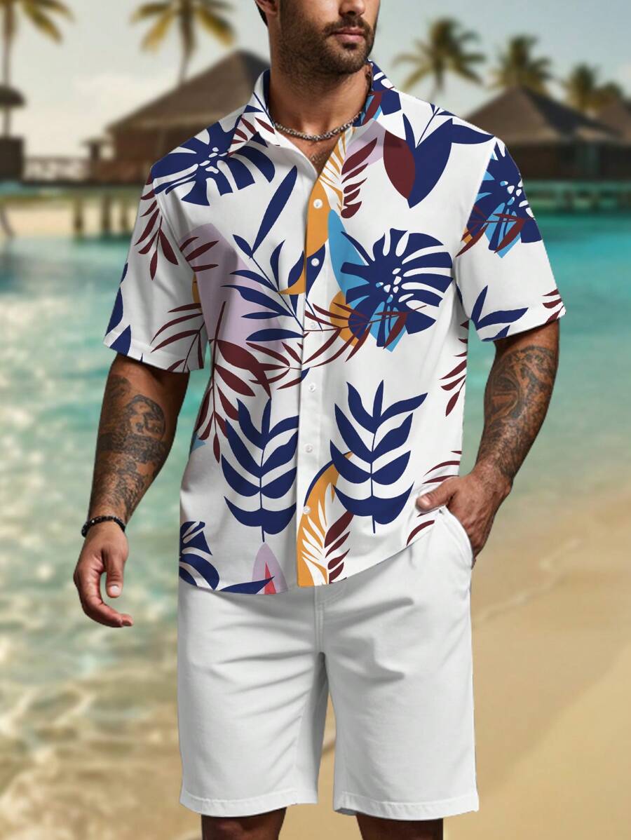 Manfinity RSRT Men's Tropical Plant Printed Shirt And Shorts Set - Multicolor - View 1
