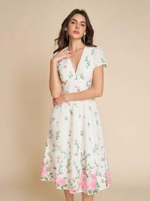 Amorya SHEN Clasi Women V-Neck Overlap Embroidered Floral Print Waisted Elegant Casual Holiday Swing Midi Dress With Pockets, White