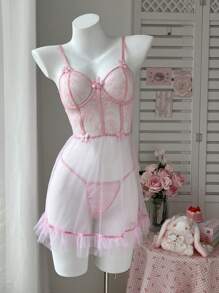PetitDoll Set de 2 piezas de camisón de encaje de malla con flores de perlas sexy