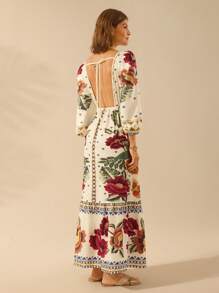 CAJUNI Vestido de Férias Feminino Boêmio com Estampa Floral, Gola em V, Manga Longa, Costas Vazadas, Cintura A-line
