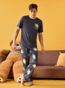 Happy Jammies Set de pijamale pentru bărbați, cu mâneci scurte și cu imprimeu cu scrisori și desene animate