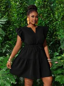 Slaydiva Nuevo vestido mini verde de talla grande con cuello redondo y en V, mangas de linterna con volantes, cintura elástica con moño, falda con volantes y vuelo para primavera/verano, casual, de vacaciones - M