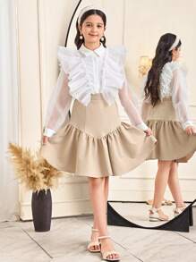 Conjunto de 2 piezas para niña preadolescente: Blusa elegante de manga larga con volantes y falda mini