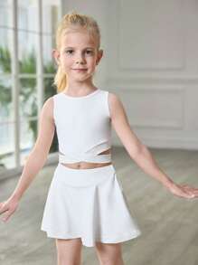 Young Girls' White Plain Spring/Summer Casual Comfortable Sports Set, Elegant Athleisure Running Outdoor Suits, Snug Fit Look, All-Match Style Outfit For Young Girl, Quick-Dry And High Stretch