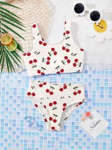 Set da bagno minimalista e casual per ragazze con stampa di ciliegie, composto da canotta e slip, adatto per l'estate