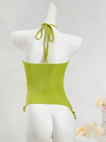 SHEIN ICON Áo nữ màu trơn thời trang xẻ tà bất đối xứng cổ yếm - màu xanh lá - Xem 2