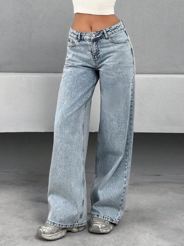 SHEIN Damen Loose Cut Weitbein Jeans mit Snow Wash in Tiefer Taille
