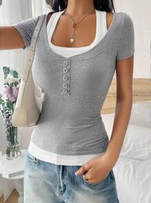 SHEIN PETITE Contrast Color Patchwork 2 In 1 Design T-Shirt, Figure-Flattering - Light Grey - View 5