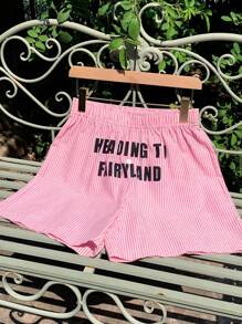 Comfortcana Women's Summer Letter Print Striped Elastic Waist Loose Casual Shorts Biker Shorts, Vacation Woman, Brunch For Women - Pink - View 3