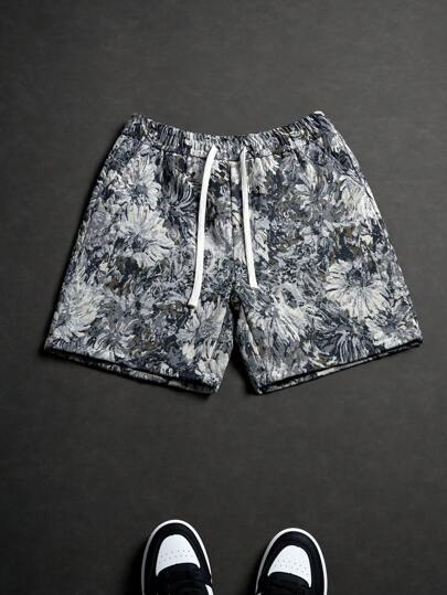 Manfinity EMRG Men's Vacation Casual Style Retro Floral Jacquard Vacation Shorts, Gift For Boyfriends Or Husbands, Beach Shorts