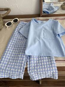 SHEIN Vintaside Kids 2 Pieces Baby Boy Cute Casual Short-Sleeved Top And Plaid Pants Set, Suitable For Summer, Home And Travel