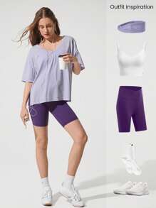 GLOWMODE 比马棉侧开衩超大V领运动T恤日常休闲装 - 淡紫色 - 查看 7