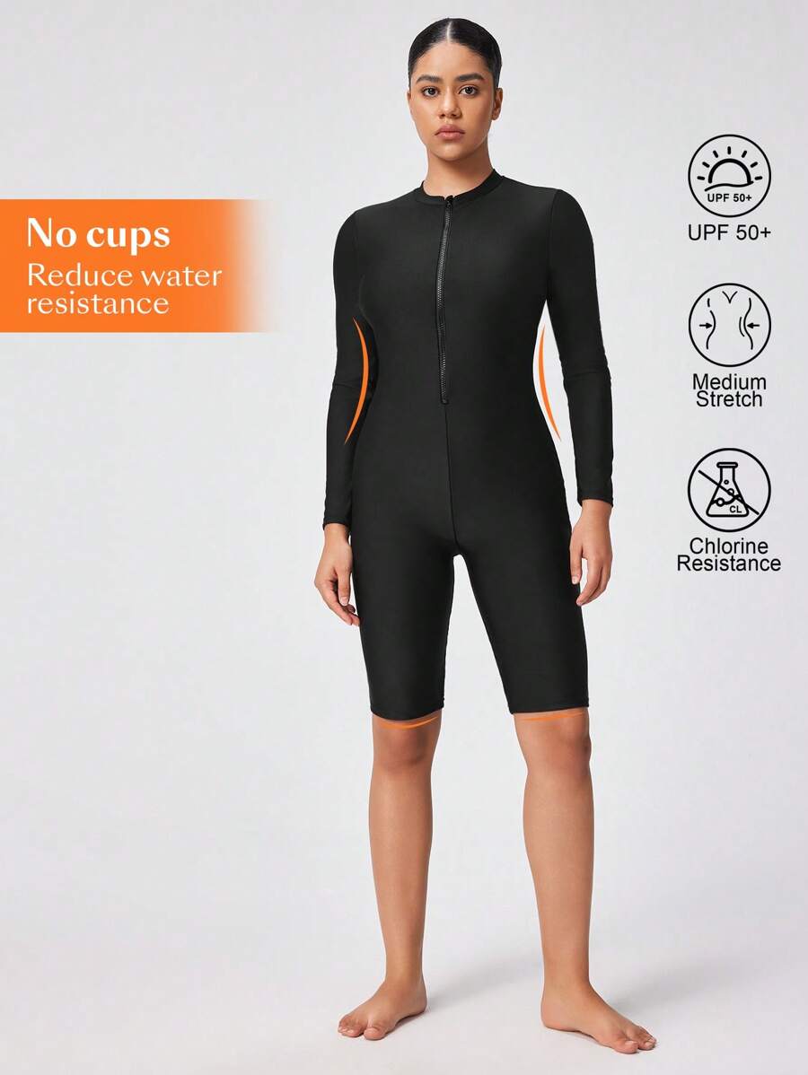 Swim Nautrix 女士纯色长袖防晒衣,简约时尚,适合夏季 - 黑色 - 查看 1