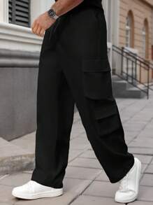 Manfinity Homme 大码男士简约休闲纯色抽绳腰工装裤 - 黑色 - 查看 7