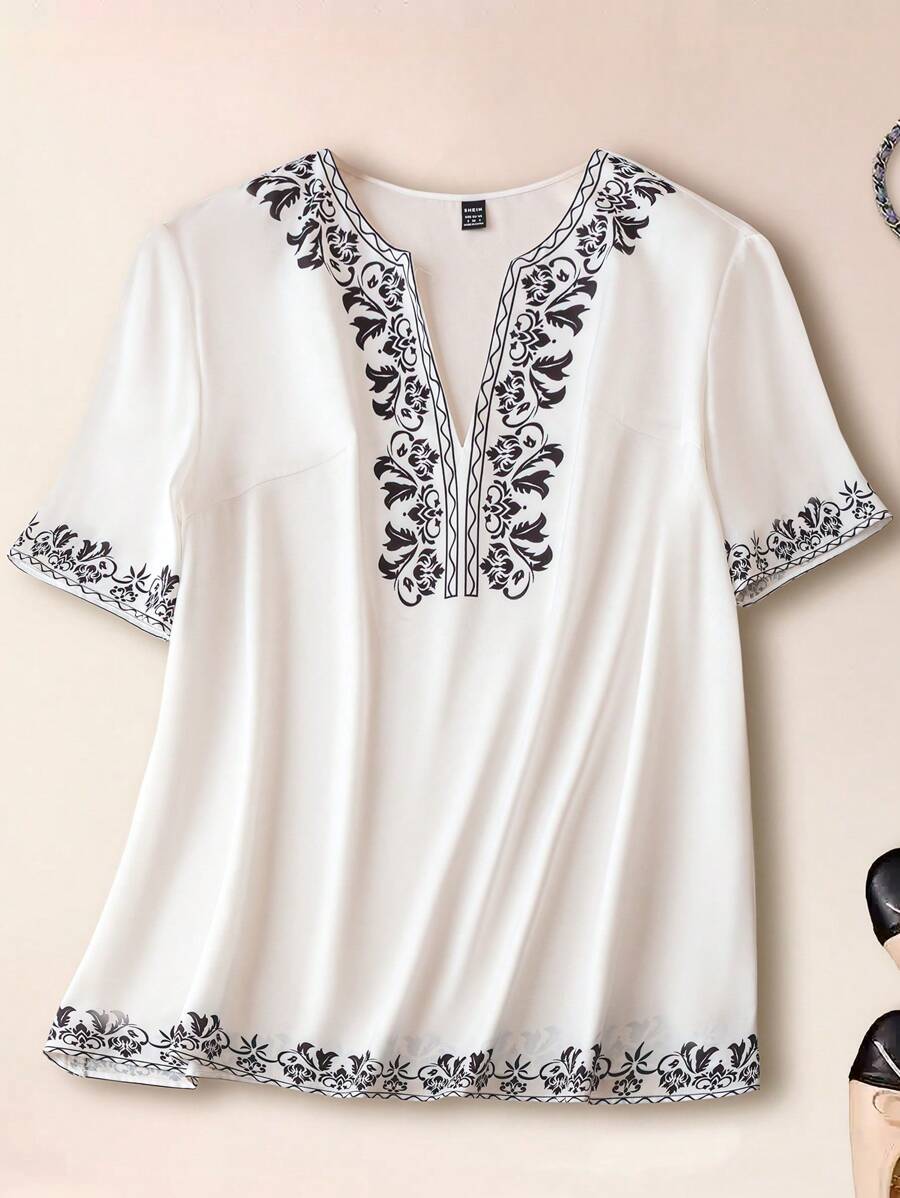 EMERY ROSE 女式夏季休闲花卉印花缺口领短袖衬衫，宽松百搭舒适衬衫 - 白色 - 查看 1