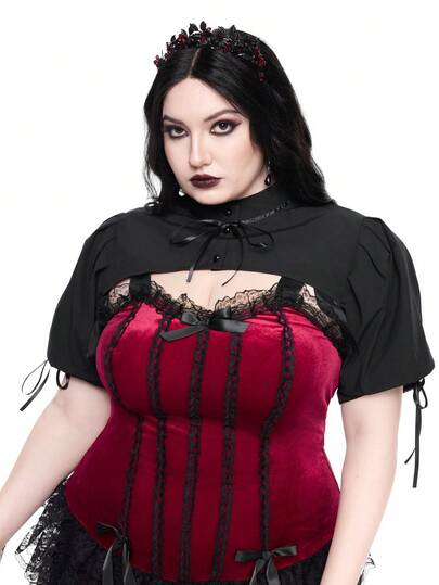 ROMWE Plus Size Women Gothic Style Ribbon Tie Puff Sleeve Crop Top