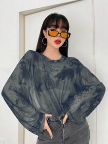 DAZY 扎染落肩上衣，不带胸罩，外出上衣，透明长袖女式上衣，秋季女装
