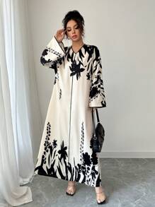 Chiquease Loose Middle Eastern Style Print Long Dress For Women, Spring Autumn - Black and White - View 5