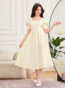 SHEIN 少女优雅珍珠串珠方领羊腿袖荷叶边下摆梭织缎面连衣裙，适合婚礼、派对、生日、聚会、春夏季 - 杏色 - 查看 4