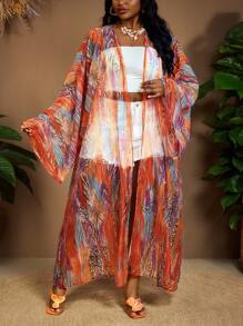 SHEIN CURVE+ Plus Size Women's Sheer Drawstring Waist Blouse, Abstract Striped And Printed Pattern, Casual For Beach, Boho And Daily Wear, Summer, Curve Plus, Boho Vacation Beach For Woman, Beach Vacation ,Beach Essentials , Graduation, Tea Party - Multicolor - View 6
