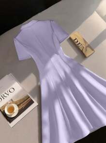 Franclia Solid Color Lapel Flare Hem Dress - Mauve Purple - View 2