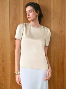 Uhlyne Crew Neck Short Sleeve Twill Women Elegant Commuting Shirt - Apricot - View 6