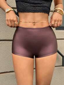 SHEIN EZwear Women's Plain PU Leather Cropped Leggings, Fashion Base Layer - Brown - View 3