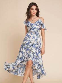 SHEIN Clasi Vestido Maxi de mujer para vacaciones con estampado floral de volantes y bajo con volantes