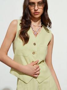 GENKIRA Áo vest cổ chữ V thắt eo bằng vải họa tiết màu xanh lá cây nhạt thời trang có túi đôi, kết hợp với quần short Bermuda, bộ vest tối giản đa năng thanh lịch cho nữ, công sở thường ngày - Màu vàng - Xem 3