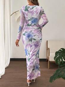 SHEIN Pregnant Women Floral Print Elegant Round Neck Long Sleeve Dress Maternity Dress - Multicolor - View 2
