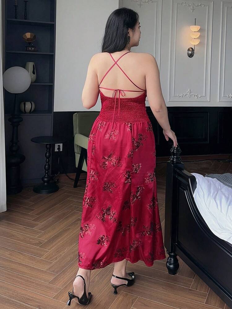 Dazy Plus Plus Size Flocked Floral Printed Long Wrap Sleeveless Sexy Dress, Red, Suitable For Formal Occasions, Fall Long Sleeve Dress Prom Dress Elegant Women Dress Cruise Outfit For Women