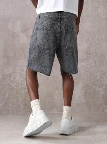 SUMWON Designer Sparkle Denim Shorts Distressed Raw Hem Summer Casual Festival Star Pattern Cotton Denim Shorts Urban Streetwear Jorts - Black - View 2