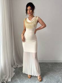 Rafferiza Plunging Neckline Fringed Cowl Neck Maxi Solid Color Dress - Apricot - View 3