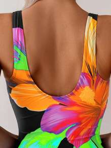SHEIN Swim 1 bộ đồ bơi một mảnh cổ tròn in hoa thanh lịch dành cho nữ có cổ cao - Nhiều màu - Xem 4