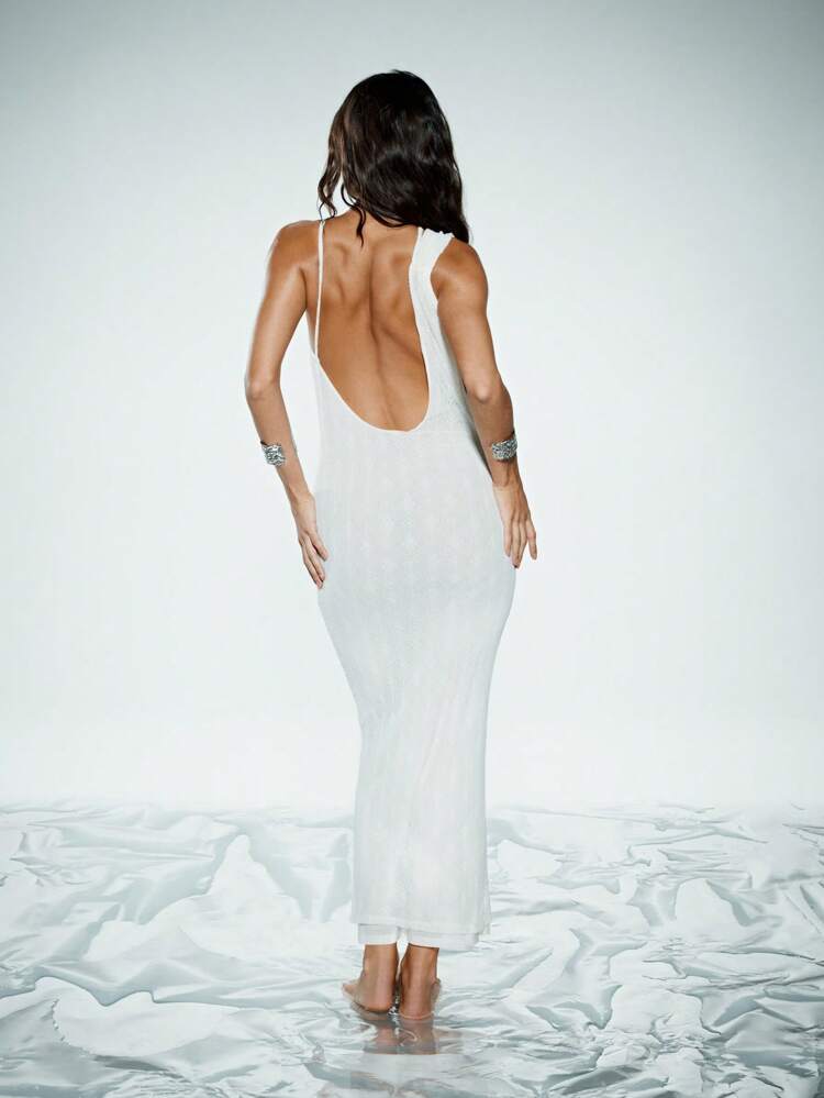 KIZN Elegant Halter Neck Plunge Neckline Backless Draped Maxi Dress