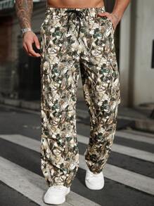Manfinity LEGND Pantalones cargo informales con estampado de plantas para hombres de talla grande