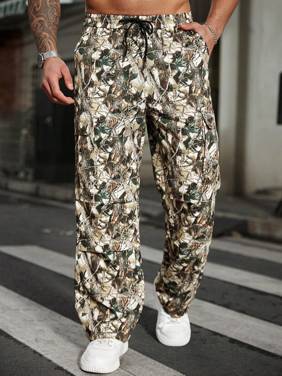 Manfinity LEGND Pantalones cargo informales con estampado de plantas para hombres de talla grande