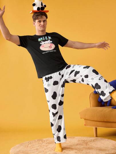 Notgurli 男士奶牛印花短袖上衣和裤子睡衣套装