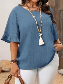 EMERY ROSE 大码女式短袖简约时尚休闲日常度假西式装夏季沙滩荷叶边衬衫 - 藍色 - 查看 3