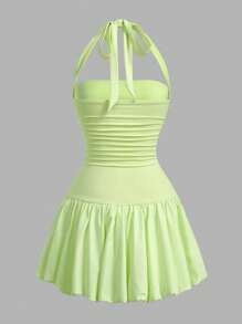 SHEIN EZwear 女士纯色褶皱细肩带短款泡泡迷你连衣裙 - 薄荷綠 - 查看 2