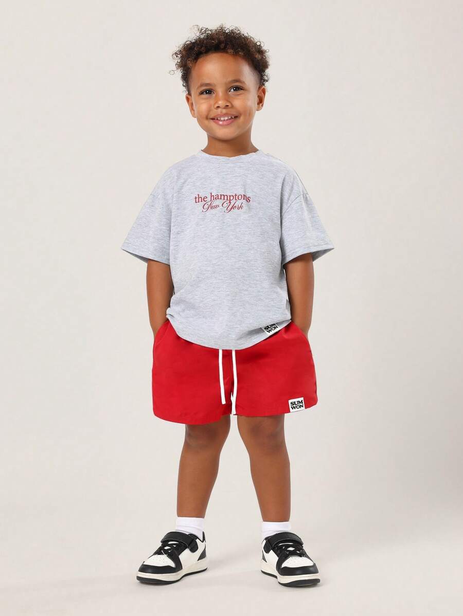 SUMWON طقم كامب الصيفي نيويورك للأطفال مكون من تي شيرت بأكمام قصيرة وشورت بخصر سحاب، ملابس رياضية كاجوال للشارع والعطلات على الشاطئ، طقم قطعتين للأولاد