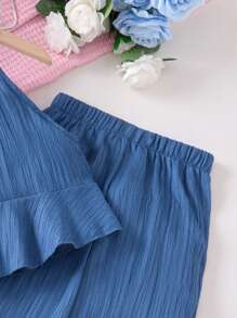 SHEIN Vintaside Kids 女童纯色荷叶边下摆吊带背心和裤子两件套 - 藏蓝色 - 查看 5