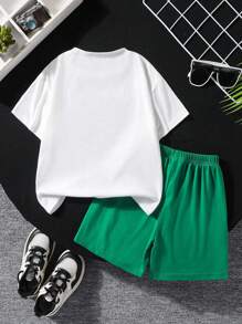 2pcs/Set Young Boy Crew Neck Short Sleeve T-Shirt And Shorts, Fashionable Summer Outfit - White - View 2