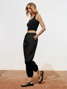 Lumivelle Pantalones largos casuales diarios de mujer con cintura con cordón y bolsillo oblicuo de unicolor