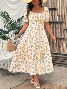 Flirla 大码女式夏季假日花卉印花前系带短款泡泡袖连衣裙，侧开衩下摆，优雅长款女装 - 黃色 - 查看 3