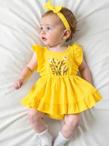 SHEIN Playful Pals Baby Girl Yellow Summer Holiday Style Dress With Embroidery Design And Ruffle Hem, Suitable For Outing And Everyday Wear Yellow Baby Outfit Yellow Dresses For Toddlers - Yellow - View 1