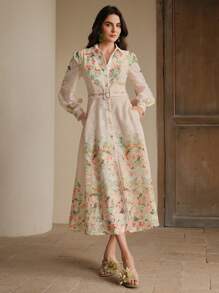 Anewsta Váy Maxi họa tiết hoa rộng rãi, cổ bẻ, tay áo lồng đèn kiểu Pháp, đơn hàng khuy, thắt lưng, trang phục mùa xuân dành cho nữ - Nhiều màu - Xem 7