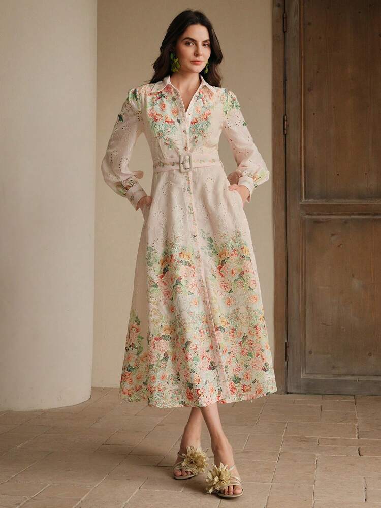 French Single-Breasted Lantern Sleeve Turndown Collar Belted Loose Floral Print Maxi Dress, Spring Outfits For Women