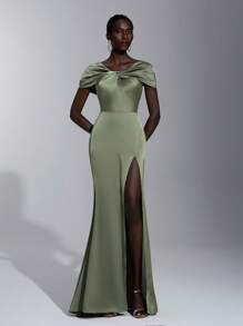 Elitara Sage Green Elegant Formal Wedding Spring Dress, Satin One Shoulder Twist Slim Micro Fishtail Hem Bridesmaid Graduation Prom Holiday Event - Green - View 4