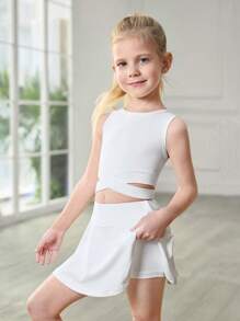 Young Girls' White Plain Spring/Summer Casual Comfortable Sports Set, Elegant Athleisure Running Outdoor Suits, Snug Fit Look, All-Match Style Outfit For Young Girl, Quick-Dry And High Stretch